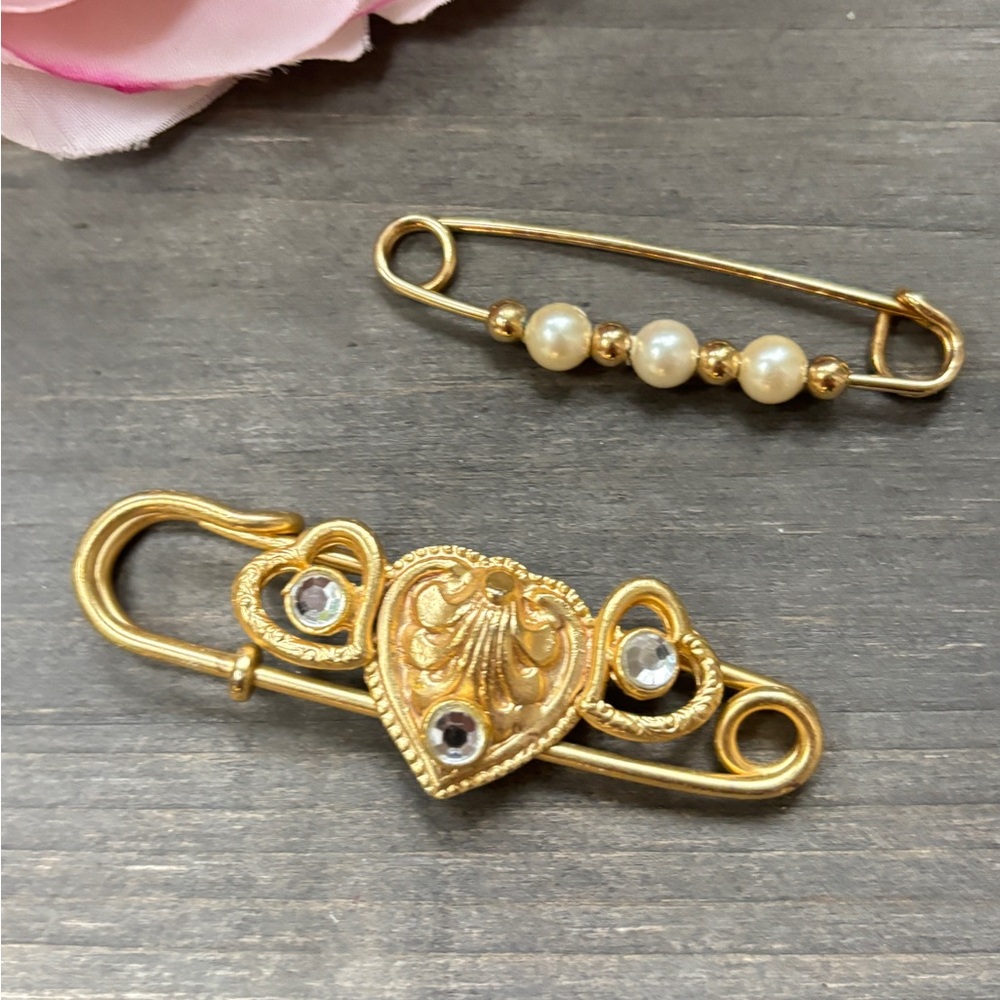 Vintage Gold, Pearl, and Rhinestone Oversized Pin Brooch (set of 2)